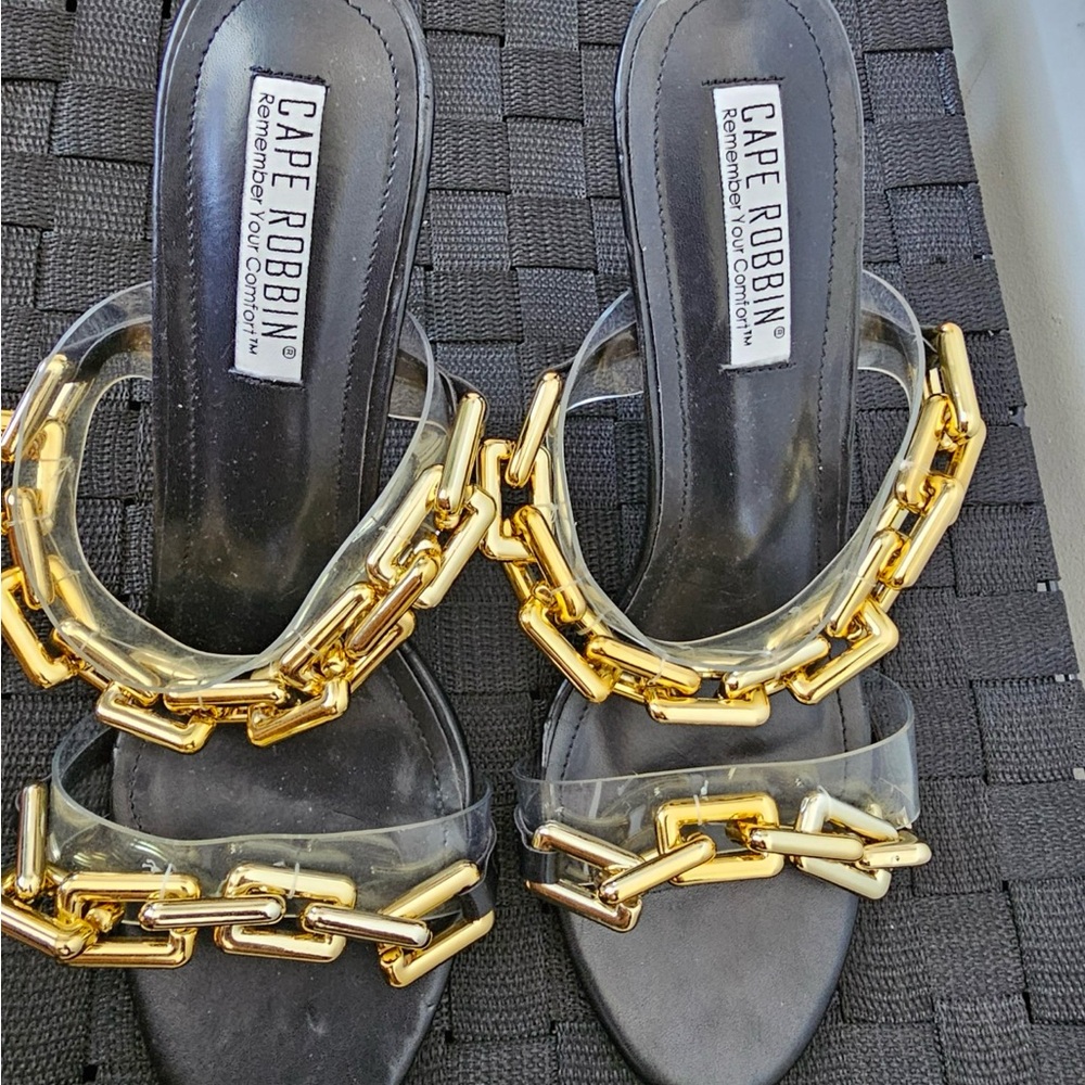 Cape Robbin Black Sandals with Gold Chain Accents